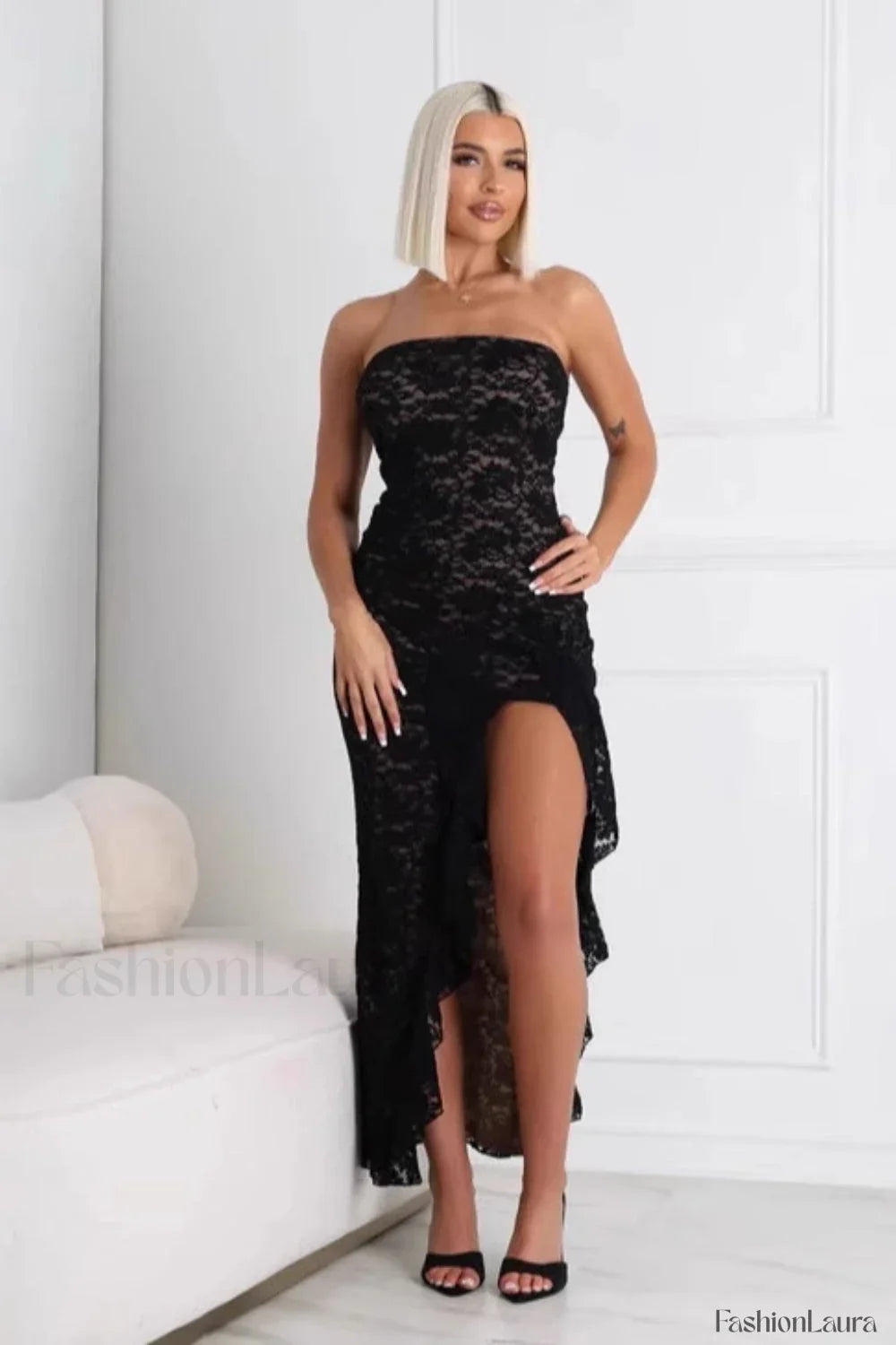 Lace Tube Top Ruffled Split Hem Maxi Dress