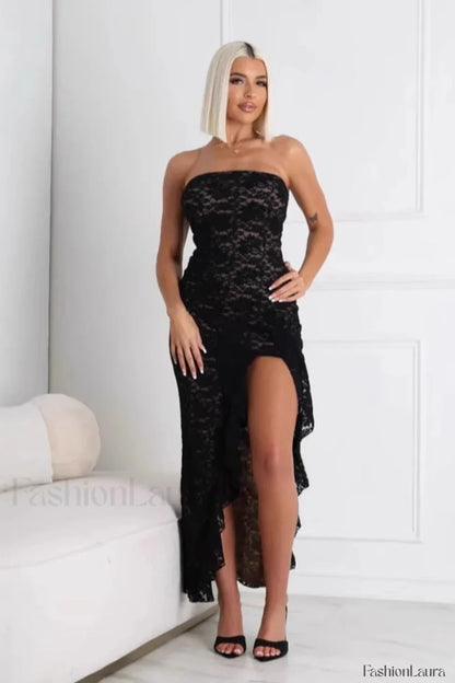 Lace Tube Top Ruffled Split Hem Maxi Dress