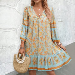 Lace Up Artistic Retro Boho Dress Blue / S