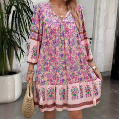 Lace Up Artistic Retro Boho Dress Pink / S