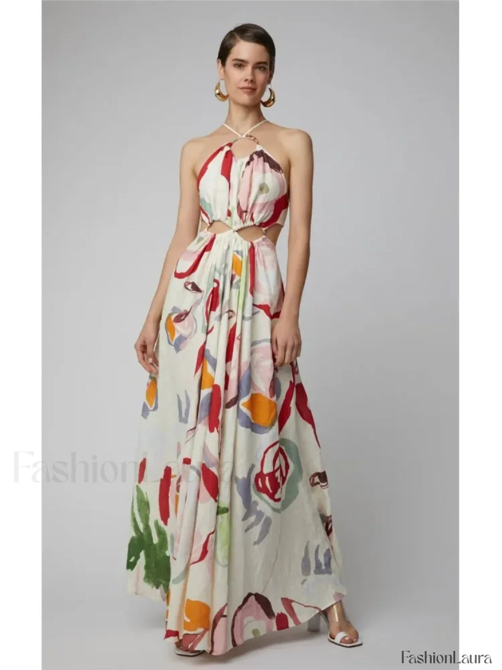 Lace Up Backless Floral Dress White / S