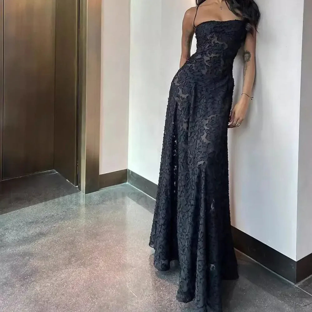 Lace up Black Prom Maxi Dress Black / XS