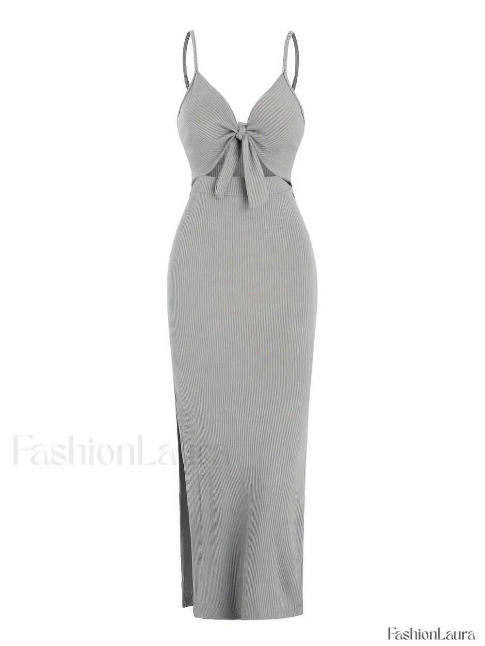 Lace Up Bow V Neck Midi Dress GRAY / S