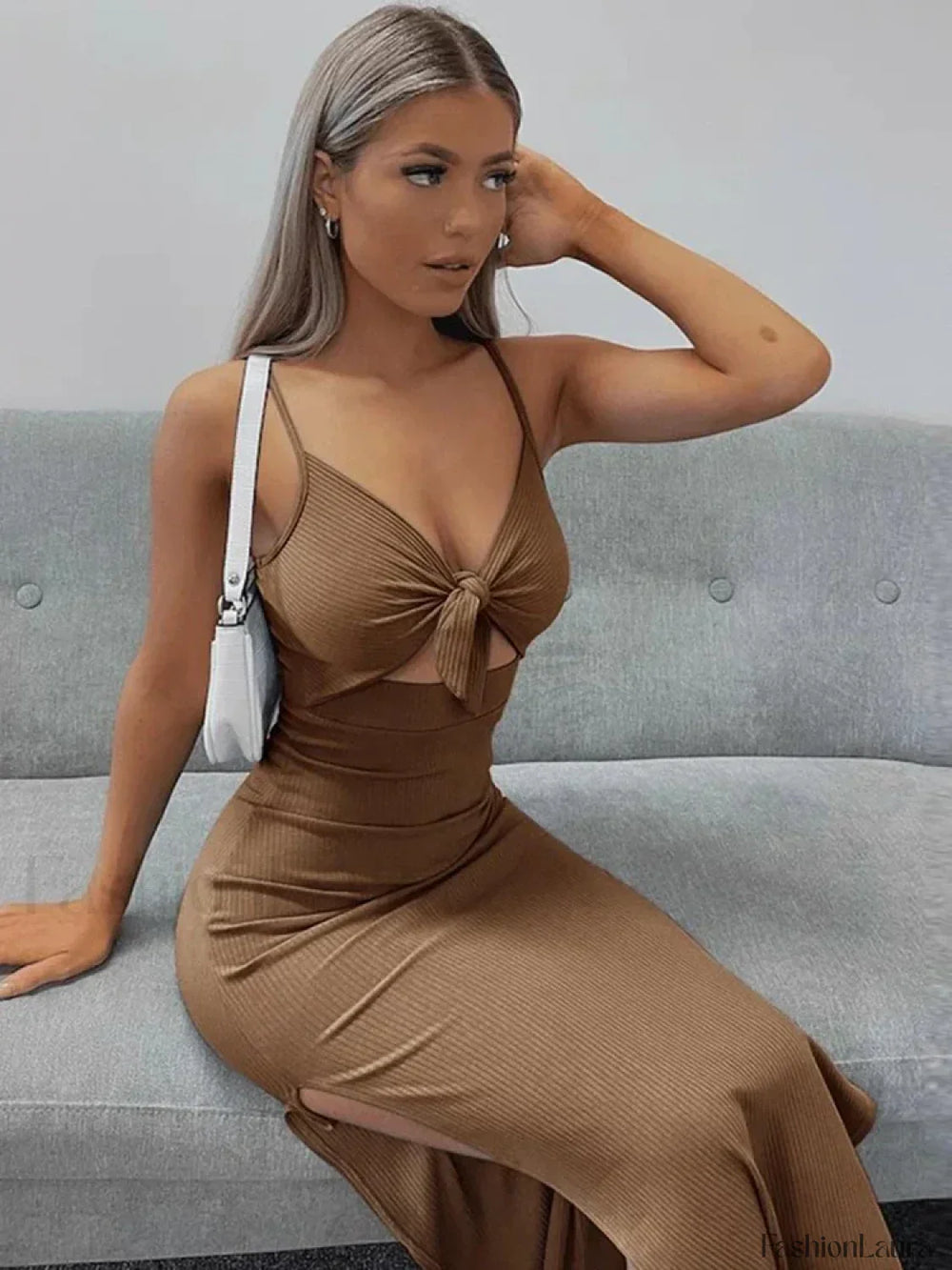 Lace Up Bow V Neck Midi Dress Khaki / S