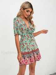 Lace Up Flounce Boho Dress