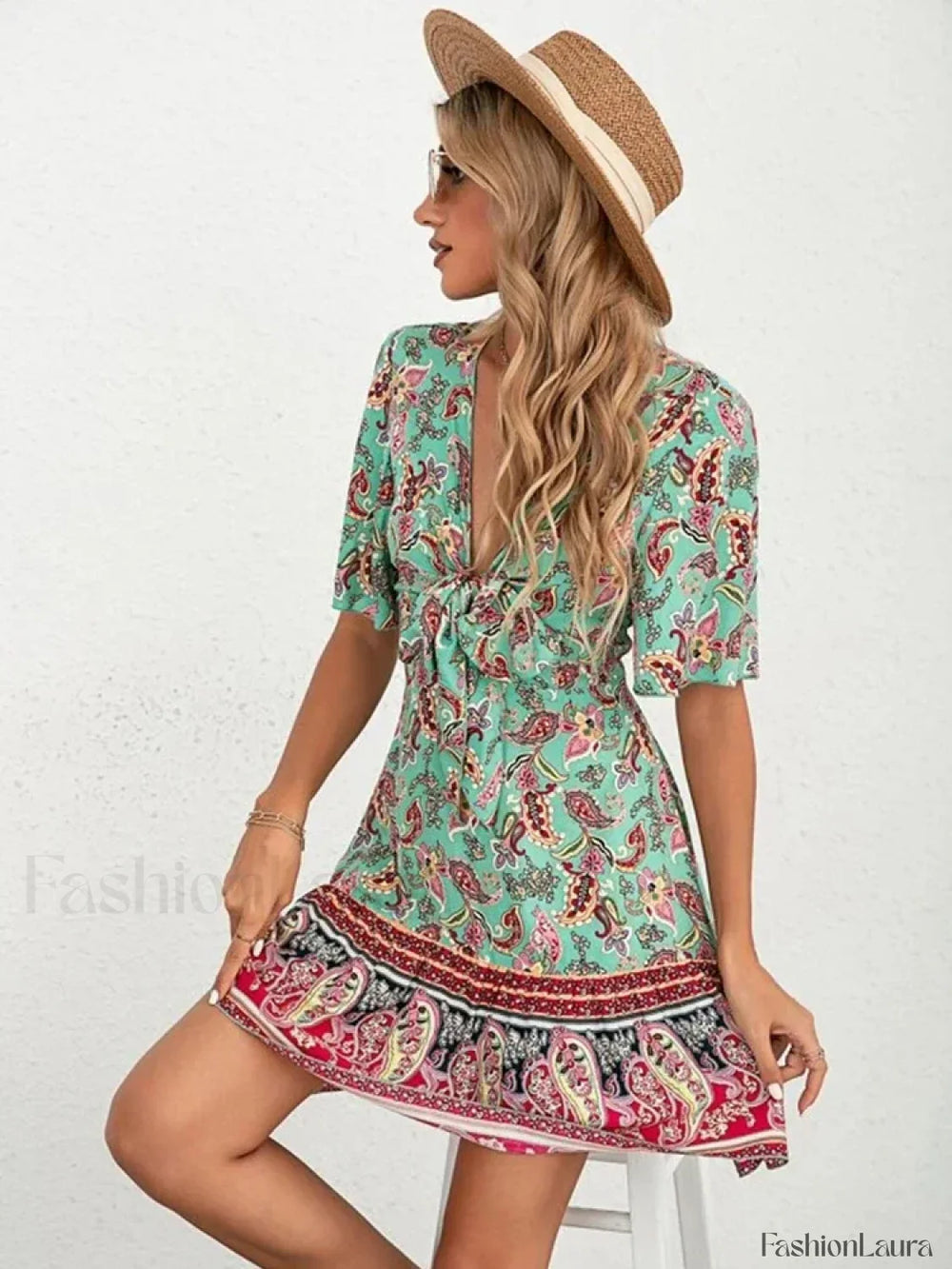 Lace Up Flounce Boho Dress