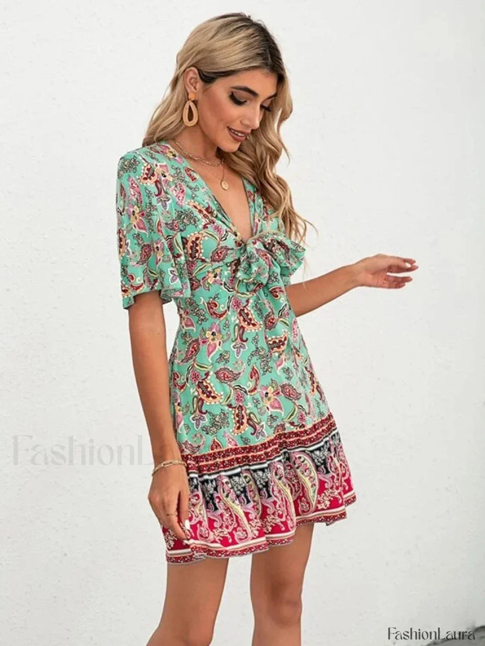 Lace Up Flounce Boho Dress