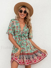 Lace Up Flounce Boho Dress Mixed Color / S