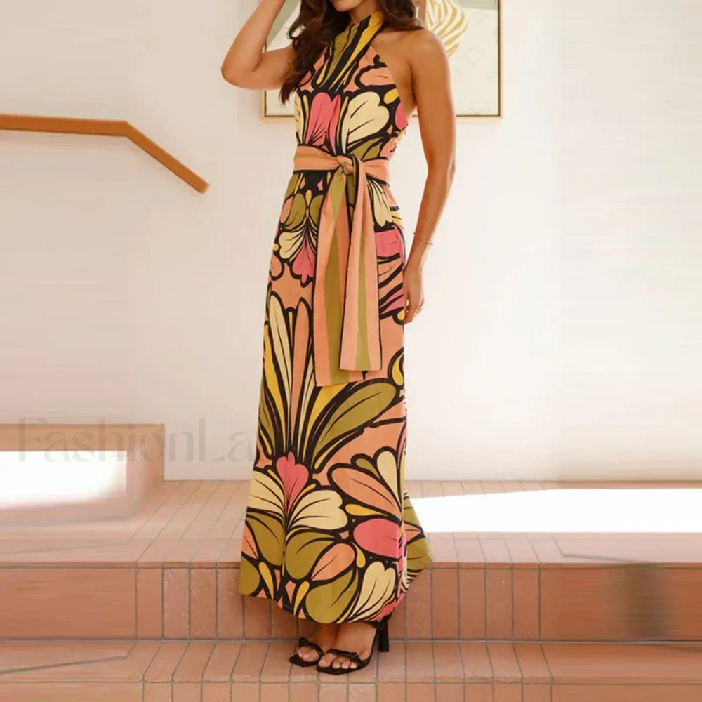 Lace Up Halter Floral Dress