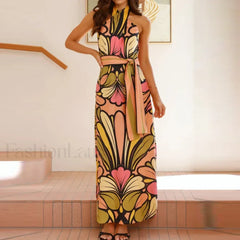 Lace Up Halter Floral Dress