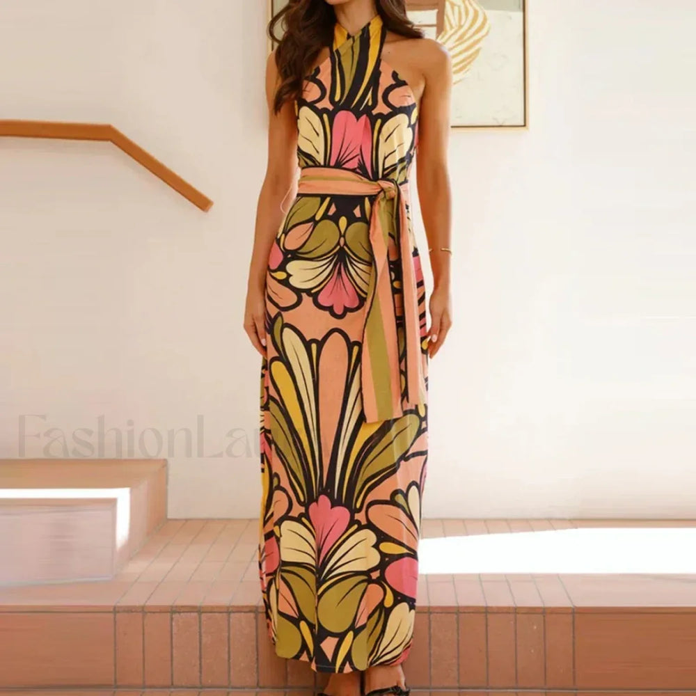 Lace Up Halter Floral Dress