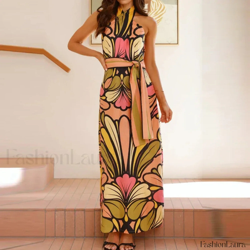 Lace Up Halter Floral Dress