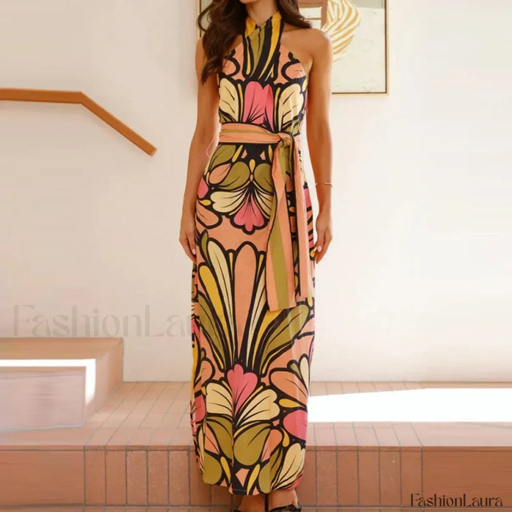 Lace Up Halter Floral Dress