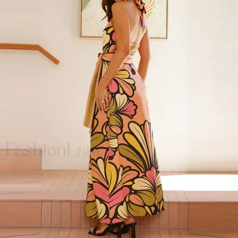 Lace Up Halter Floral Dress