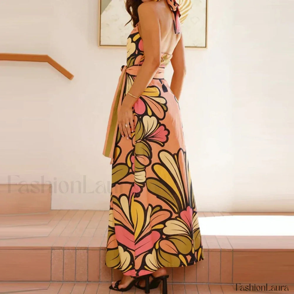 Lace Up Halter Floral Dress