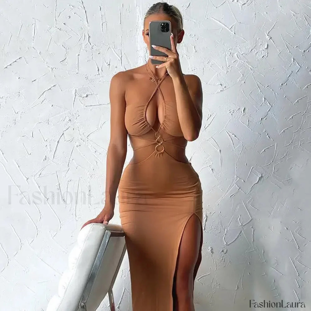 Lace Up High Slit Midi Dress