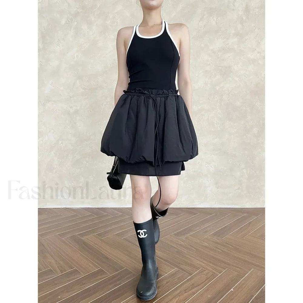 Lace Up Minimalist Casual Skirt BLACK / S