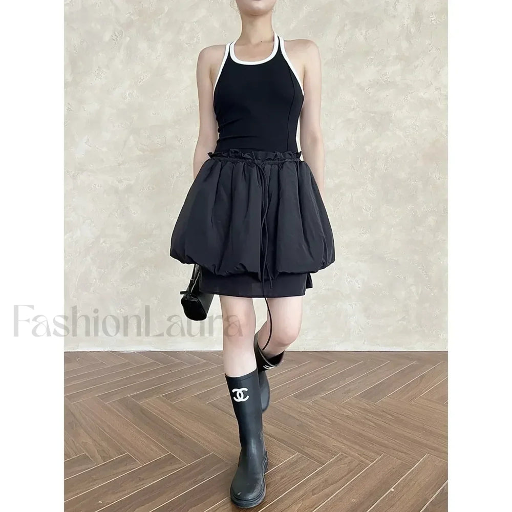 Lace Up Minimalist Casual Skirt BLACK / S