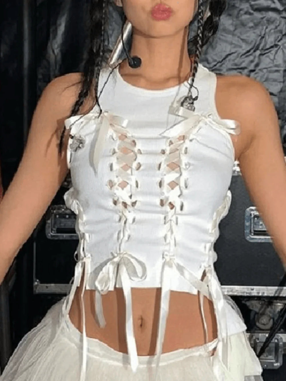 Lace Up Ribbed Cropped Tank Top Tops&Tees