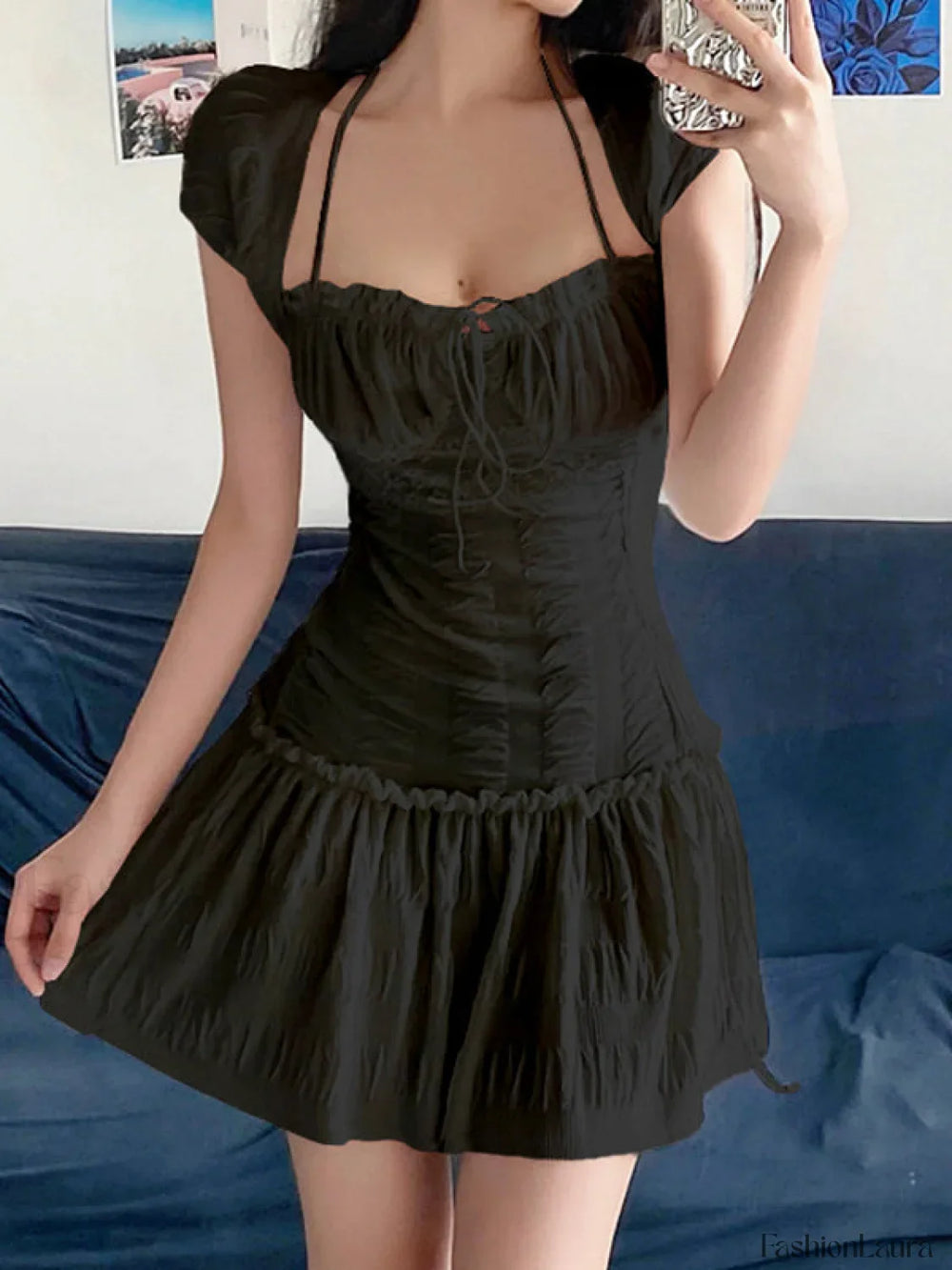 Lace Up Ruffle Halter Mini Dress Mini Dresses