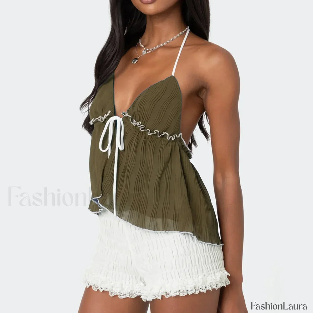 Lace Up Split Front Crop Top army green / S
