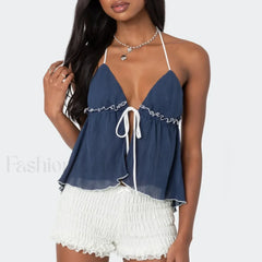 Lace Up Split Front Crop Top Blue / S