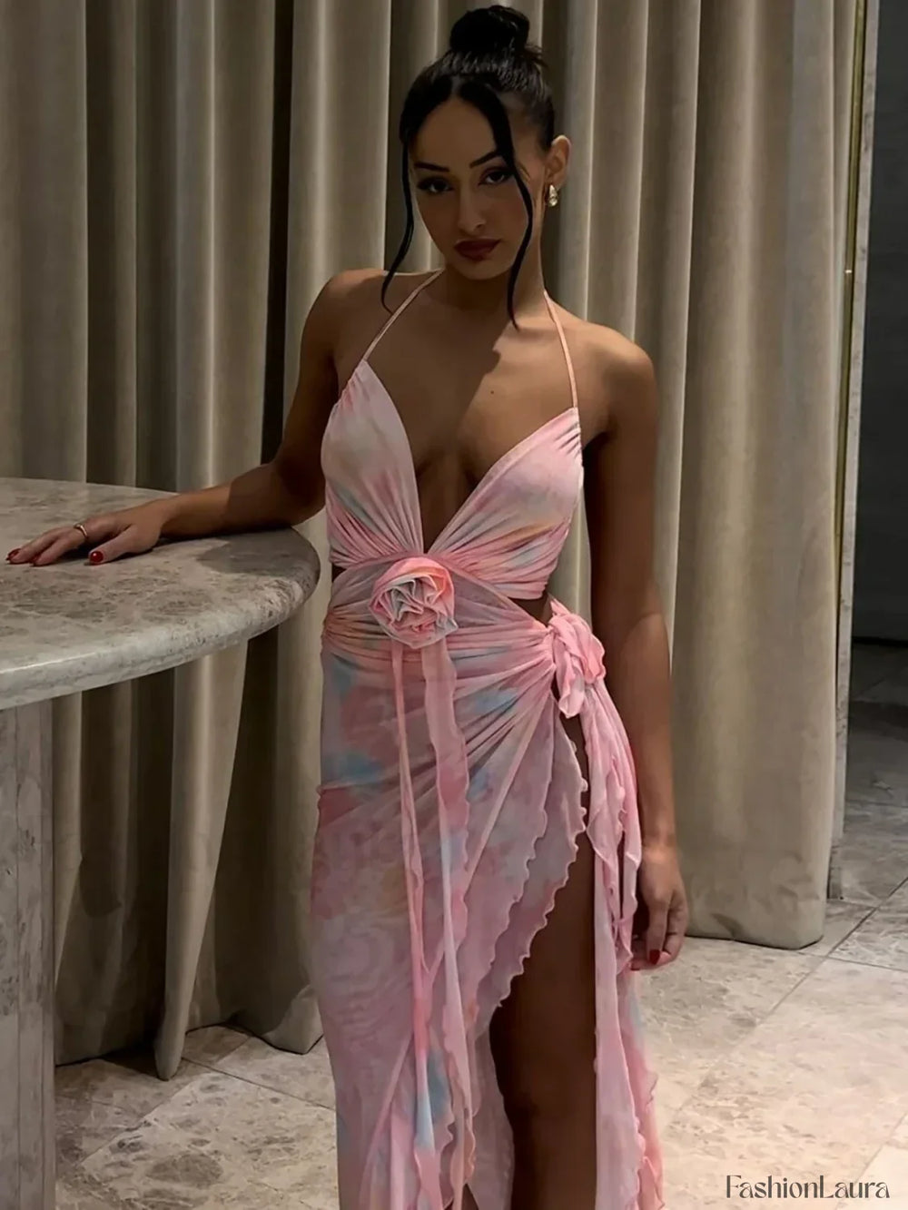 Lace Up Split Ruffled Floral Dress Pink / S