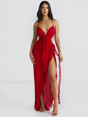 Lace Up Split Ruffled Floral Dress Red / S