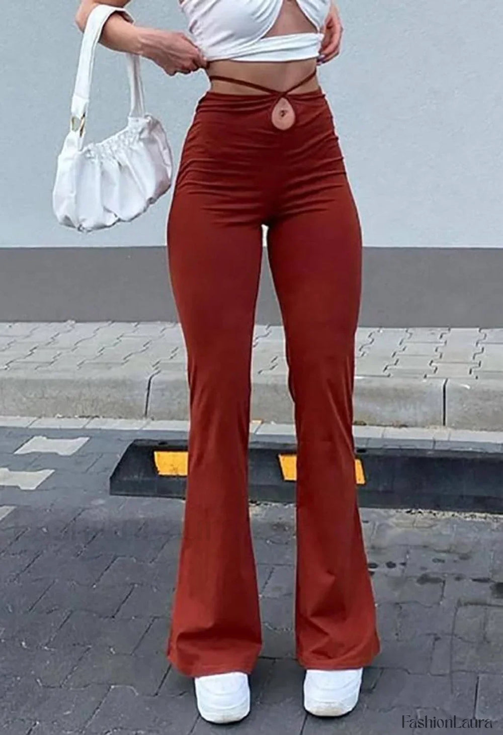 Lace Up Stretch Flare Leg Pants Red / S Pants
