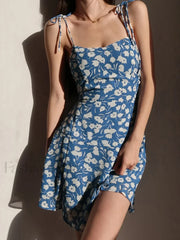 Lace Up Summer Floral Mini Dress Blue / S Mini Dresses