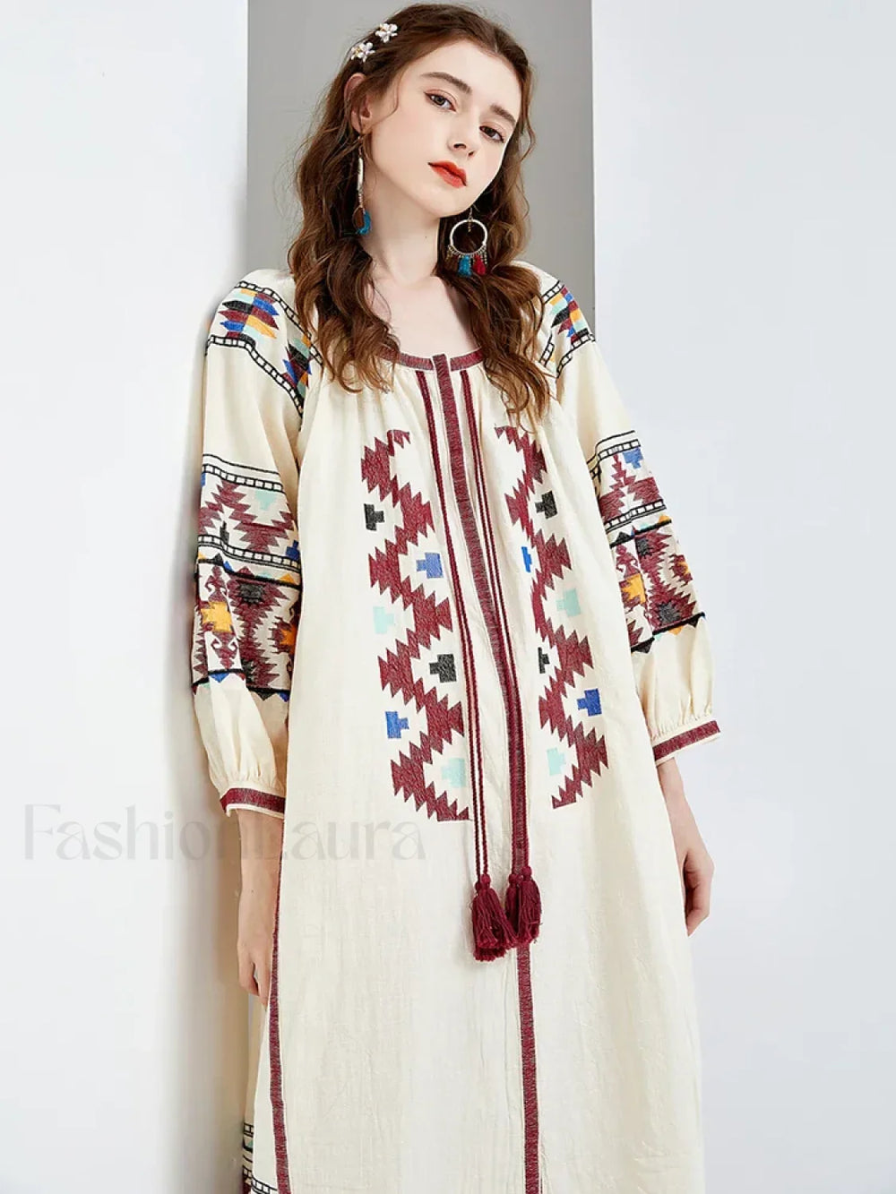 Lantern Sleeve Floral Boho Dress white / One Size