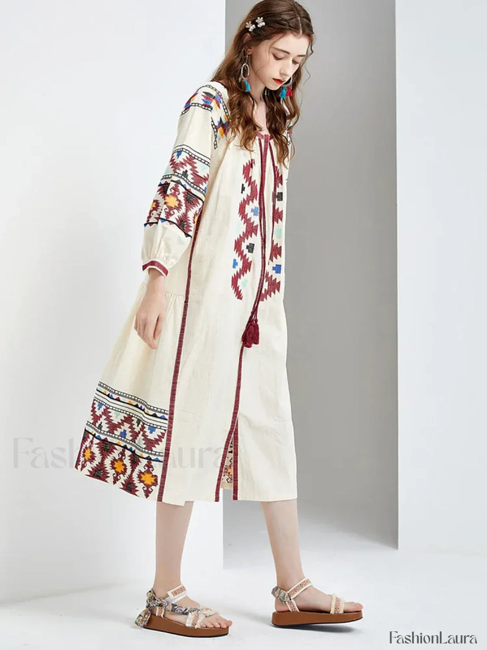 Lantern Sleeve Floral Boho Dress white / One Size