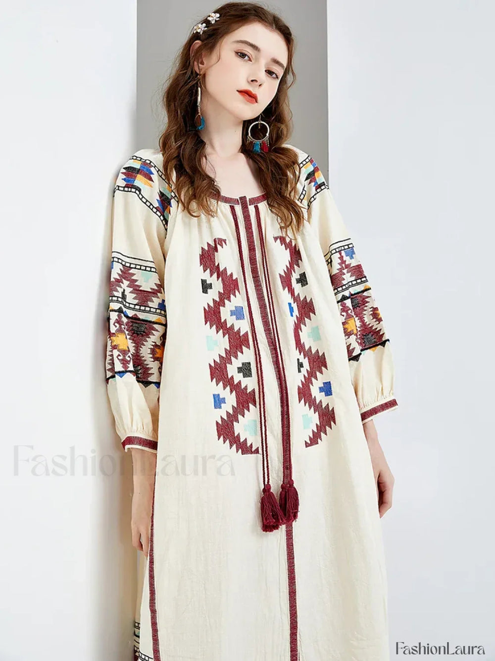 Lantern Sleeve Floral Boho Dress white / One Size