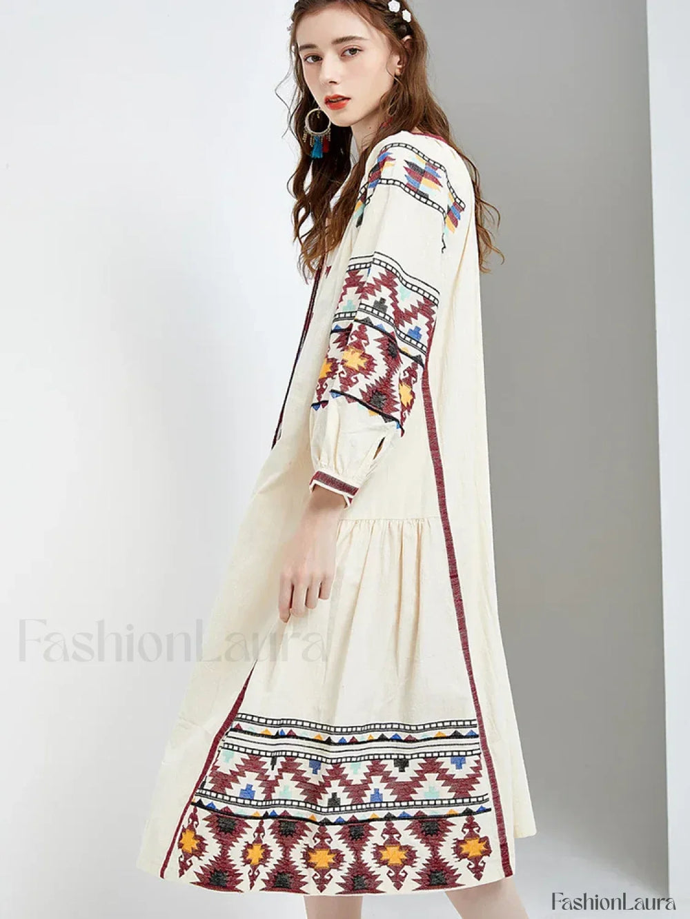 Lantern Sleeve Floral Boho Dress white / One Size