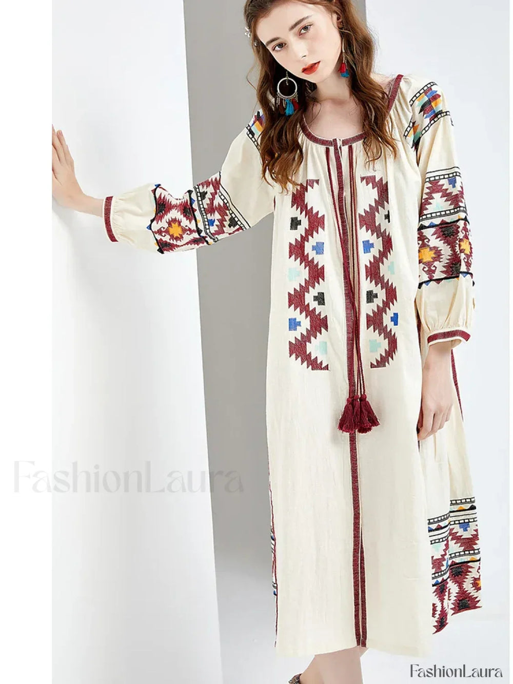 Lantern Sleeve Floral Boho Dress white / One Size