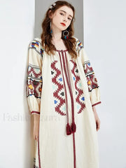 Lantern Sleeve Floral Boho Dress white / One Size