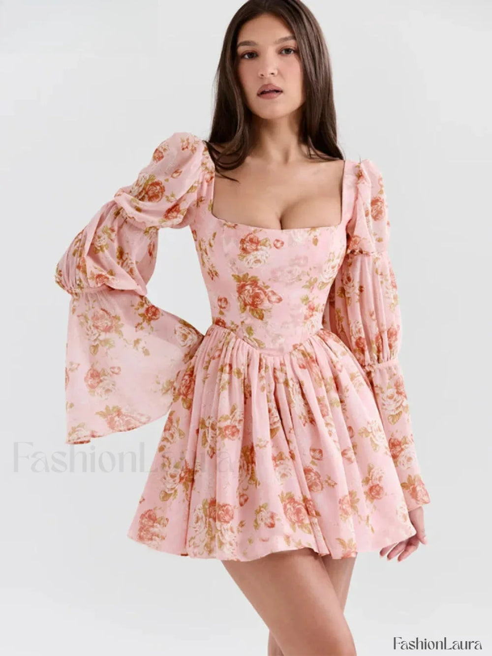 Lantern Sleeve Square Floral Dress Pink / S