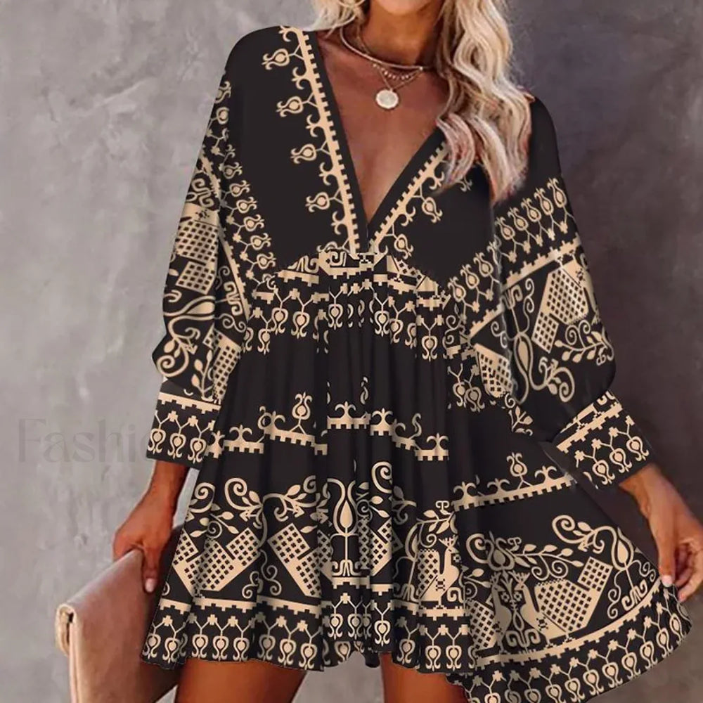 Lantern Sleeve Swing Boho Dress