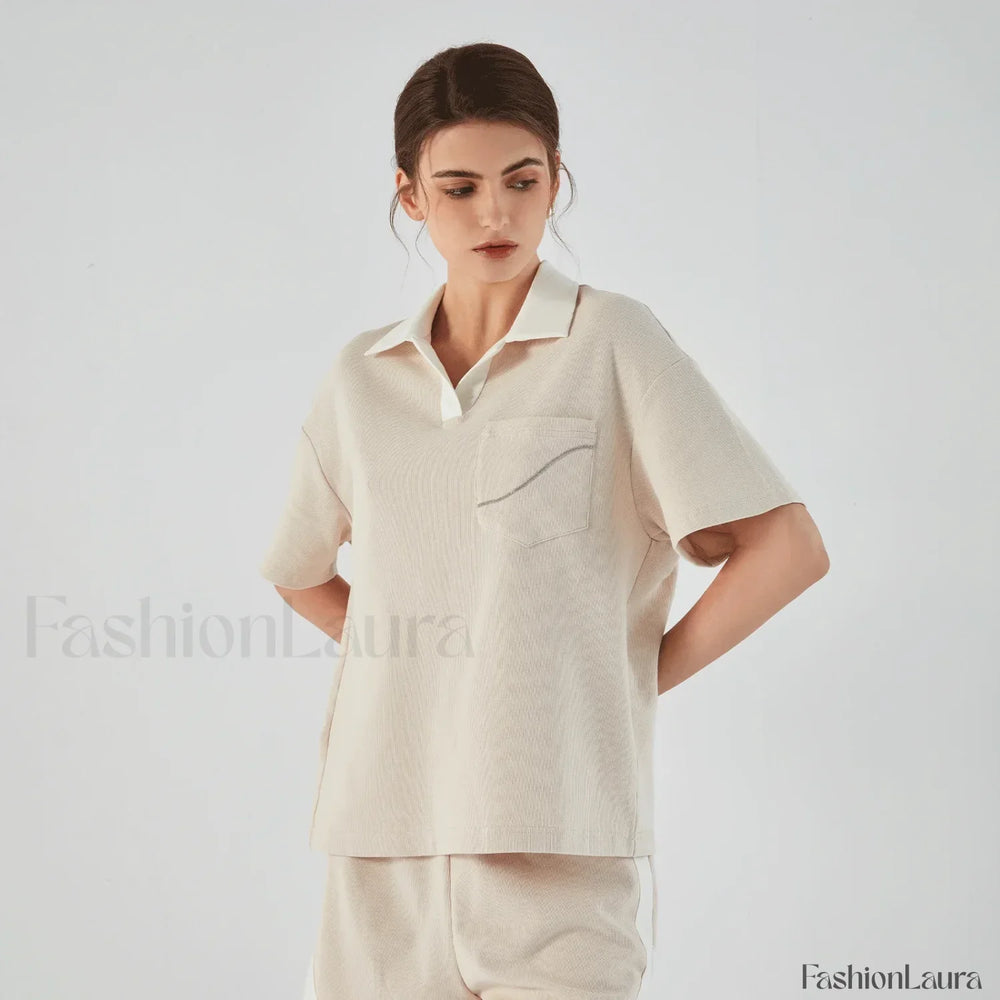 Lapel Combed Cotton Casual T Shirt apricot / S