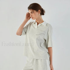 Lapel Combed Cotton Casual T Shirt light gray / S