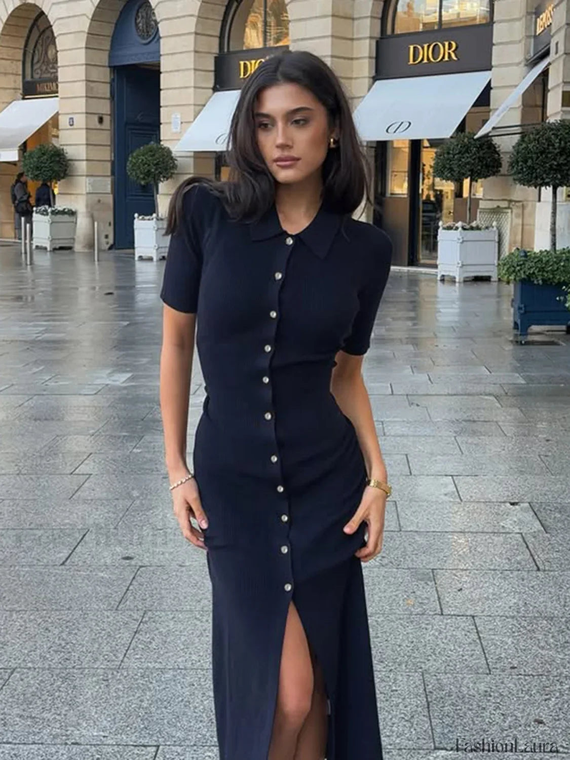 Lapel Knitted High Waist Slim Fit Work Dress