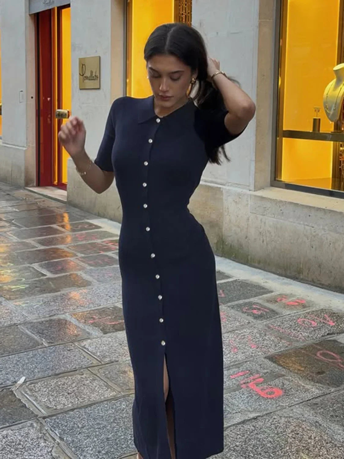 Lapel Knitted High Waist Slim Fit Work Dress