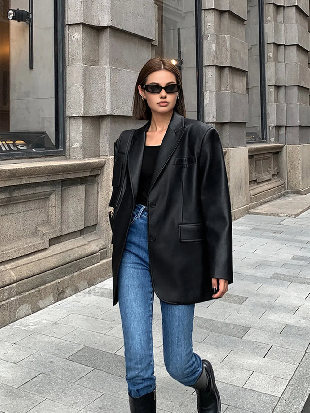 Lapel Pockets Leather Blazer Blazers