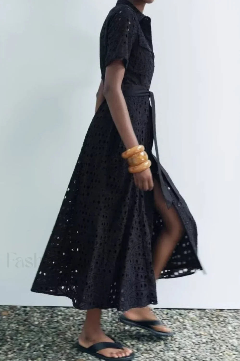 Lapel Waist Cinched Hollow A Line Work Dress