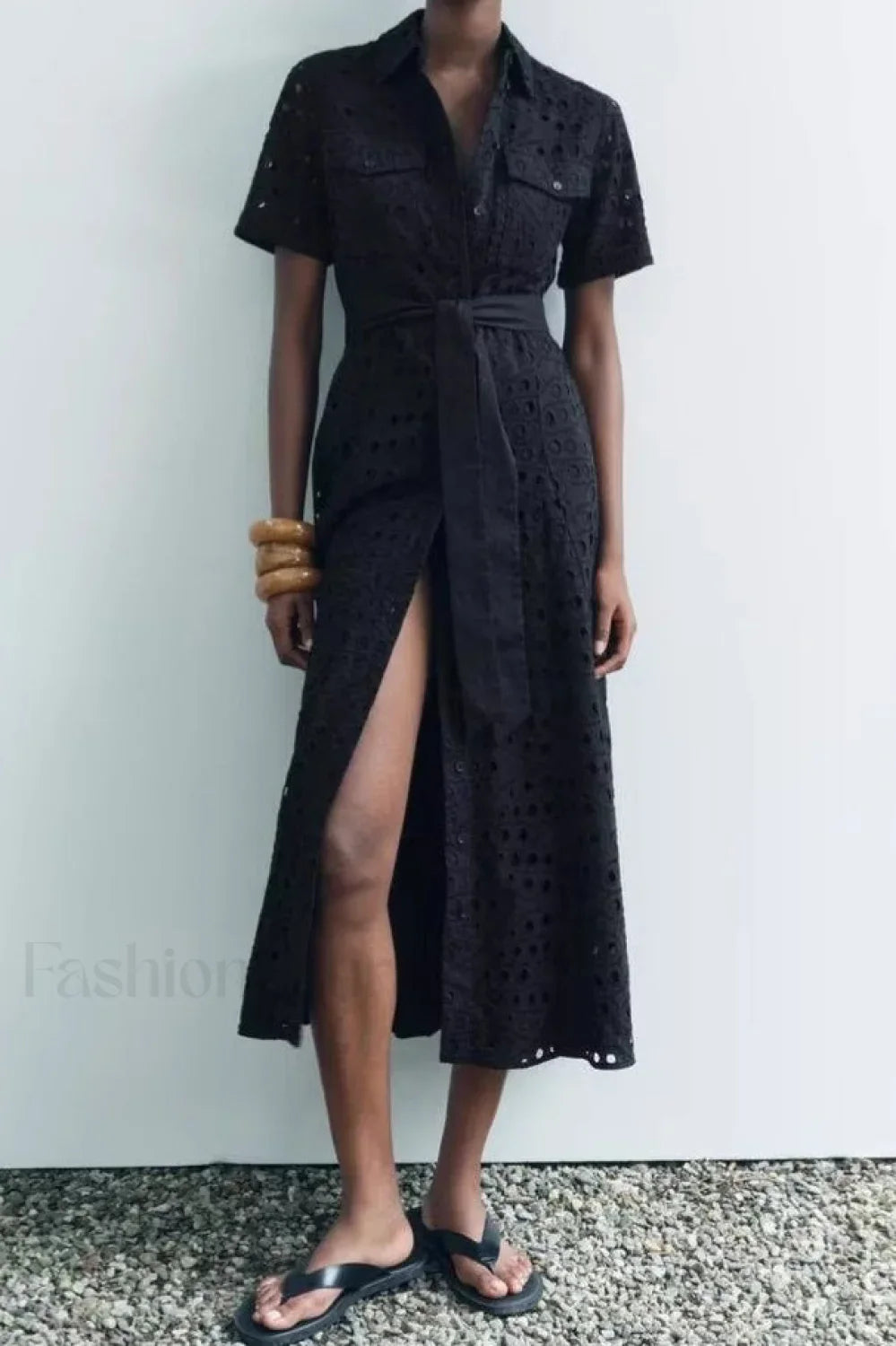 Lapel Waist Cinched Hollow A Line Work Dress Black / S