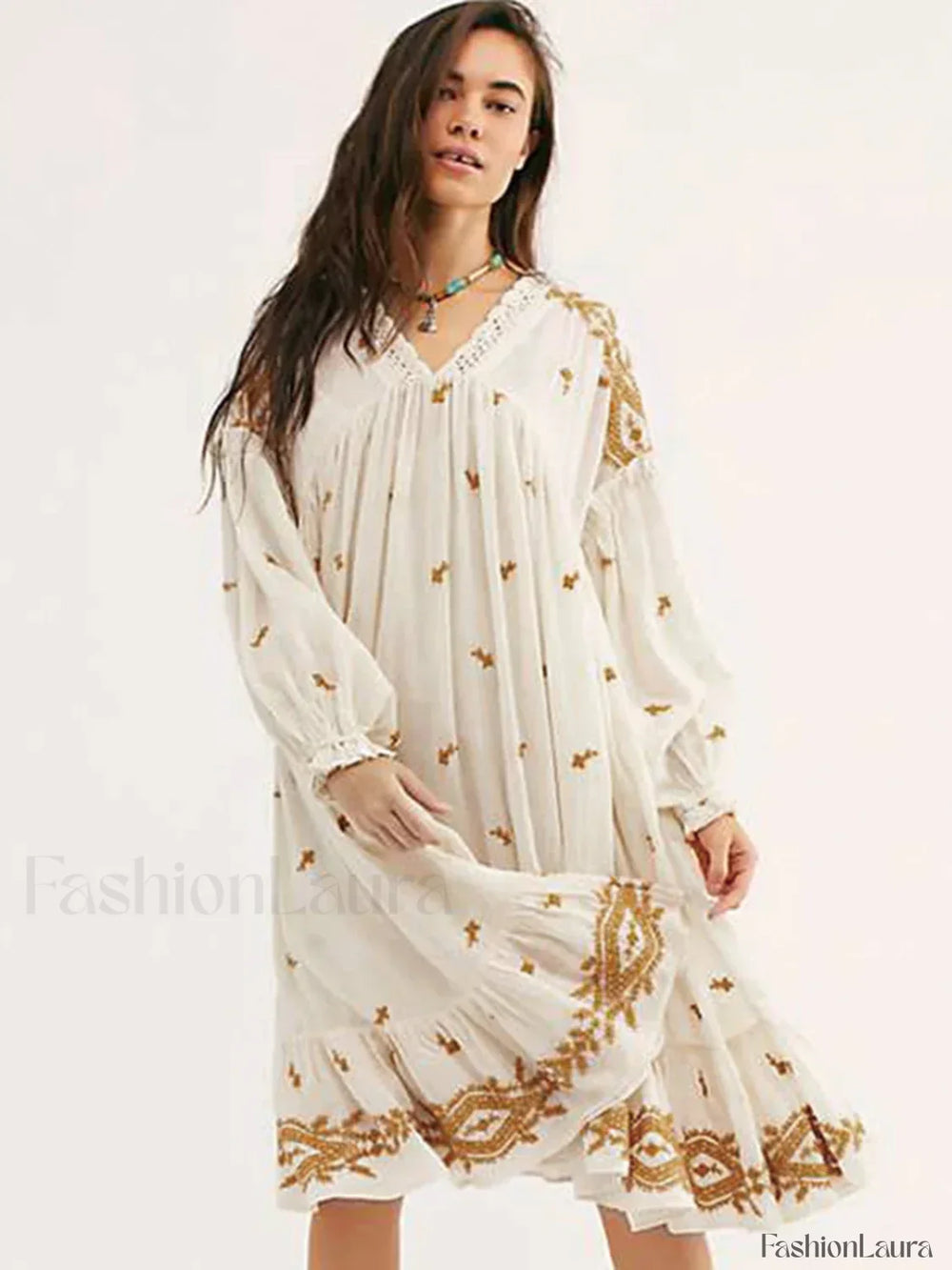 Lavender Fields Midi Boho Dress Beige / S