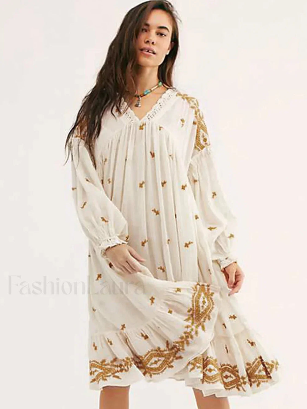 Lavender Fields Midi Boho Dress Beige / S