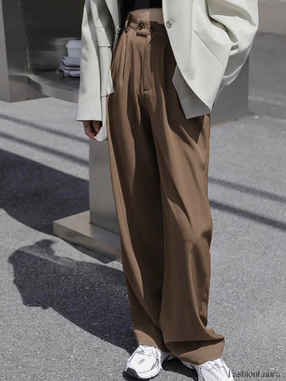 Lavish Style Pleat Trendy Wide Leg Pants Brown / XS Pants