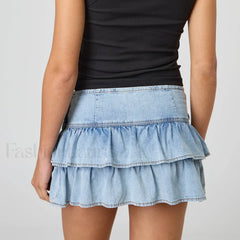 Layered Denim Ruffle Mini Skirt