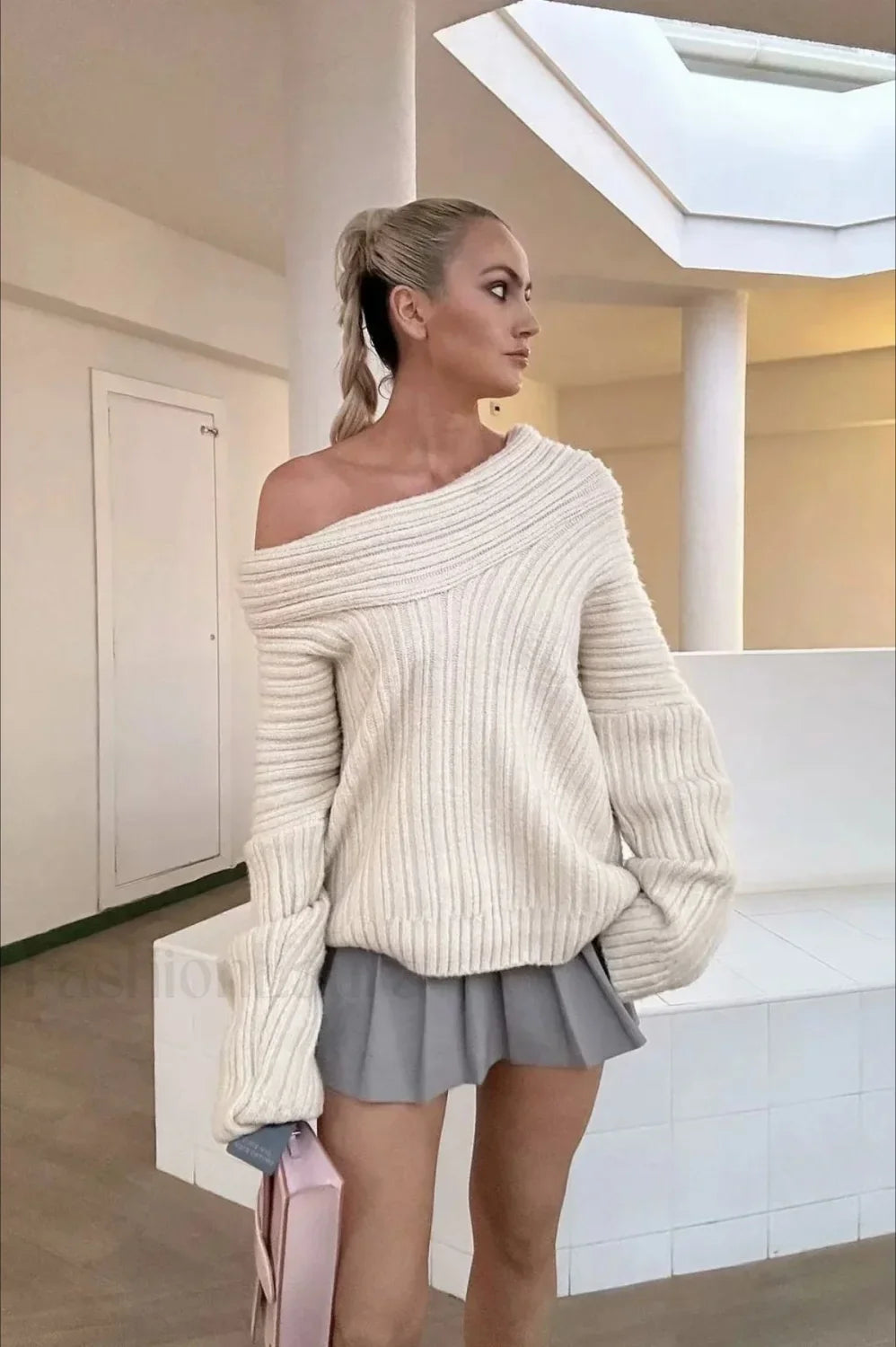 Lazy Chic Off-Shoulder Knit Sweater Apricot / S